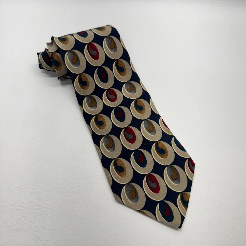 Adolfo Couture Silk Necktie Mens OS Navy Blue‎ Geometric Circle Abstract Retro